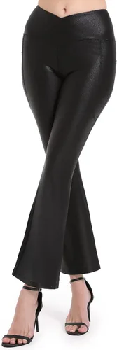 Vista 6 de HARTPOR Leggings acampanados de piel sintética cruzada para mujer, control de abdomen, cintura alta, corte de bota, pantalones de cuero con bolsillos