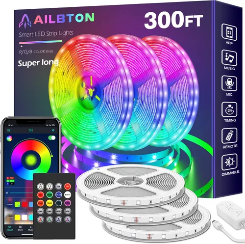 Vista 5 de Tira de luces LED de 200 pies (2 rollos de luces LED de 100 pies), ultralarga, con control remoto de voz por aplicación, sincronización de música