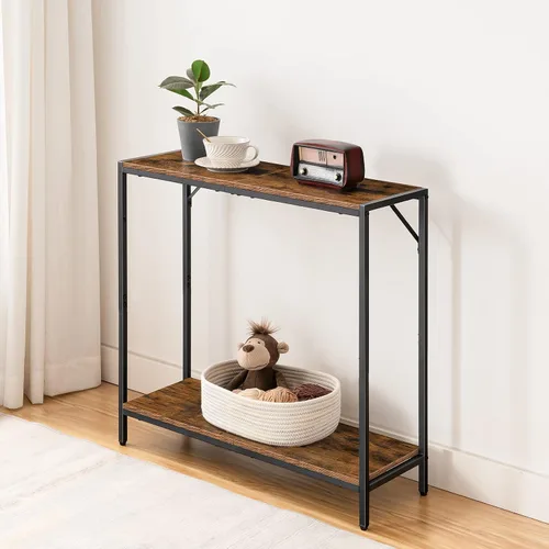 Vista 14 de MAHANCRIS Mesa consola, mesa de entrada de 2 niveles, detrás de la mesa del sofá, estilo industrial, resistente y estable, para sala de estar