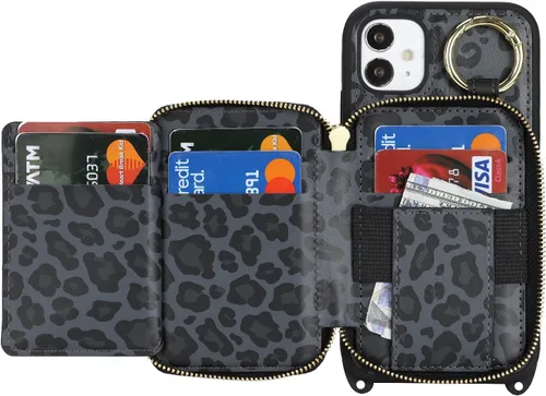 Vista 5 de Funda tipo cartera cruzada para iPhone 11, de piel sintética con cierre de cremallera, estilo bolso de mano, con función atril, ranuras