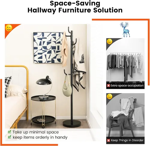 Vista 9 de Tangkula Perchero independiente, árbol de metal resistente con 8 ganchos, soporte para colgar abrigos con base ampliada de 13 pulgadas, árbol