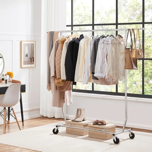 Vista 2 de Yaheetech Percheros de ropa comercial con ruedas, barra individual de grado ajustable, altura ajustable, perchero con ruedas para colgar ropa