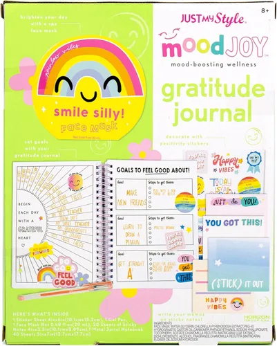 Vista 6 de Just My Style Diario de gratitud MoodJoy de Horizon Group USA, incluye diario de atención plena espiral, máscara facial nutritiva, notas adhesivas