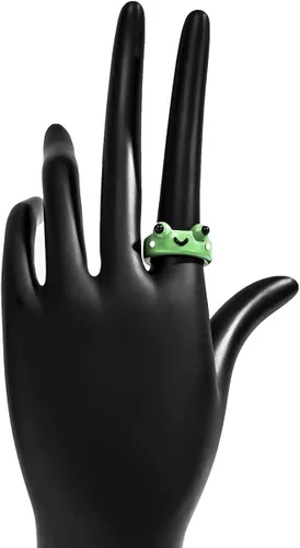 Vista 4 de FORUBUS Juego de 2 anillos de resina con bonito diseño de rana de pollo, hongos, lindos anillos apilables de animales para mujeres y niñas, Metal