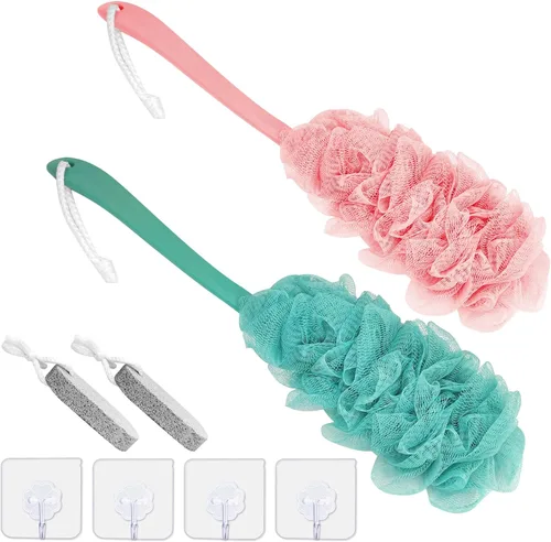 Vista 7 de Limpiador de espalda para ducha, cepillo de espalda de mango largo para ducha, esponja de malla de nailon suave para ducha, lufa en un palo