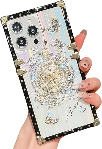 Vista 33 de Funda Rectangular de Lujo Femenina Compatible con iPhone 16 Pro Max Diseñada con Soporte de Anillo de Diamante con Función de Atril