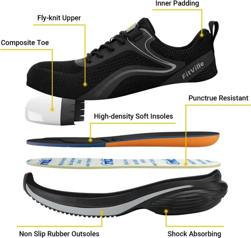 Vista 3 de FitVille Tenis de punta de acero mediana ancha para mujer, zapatos de punta de acero compuestos anchos a prueba de pinchazos, zapatos de trabajo