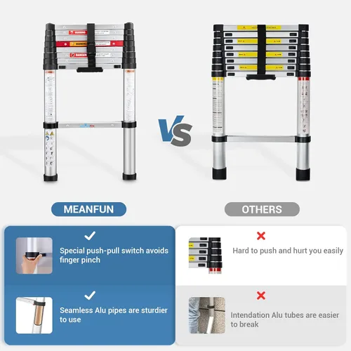 Vista 5 de Escalera telescópica de aluminio de 8.5 pies, escalera de extensión plegable de retracción con un botón para loft de techo de RV, escalera