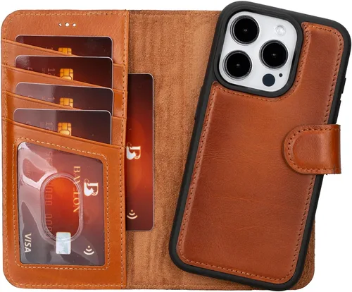 Vista 21 de Bayelon Funda tipo cartera para iPhone 15 Pro, cartera de cuero de grano completo, funda magnética desmontable, tarjetero, funda tipo cartera