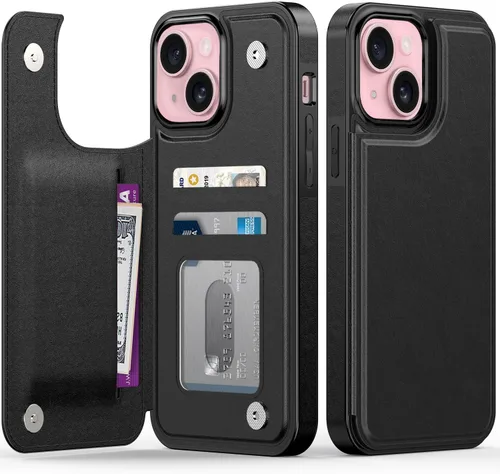 Vista 15 de FUNMIKO Funda tipo cartera para iPhone 15 con tarjetero + clip para efectivo, bloqueo RFID, protección contra caídas de grado militar y obras