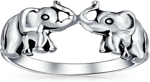 Vista 2 de Buena suerte tronco arriba zoológico animal dos elefantes anillo para mujeres para adolescentes oxidado plata esterlina .925