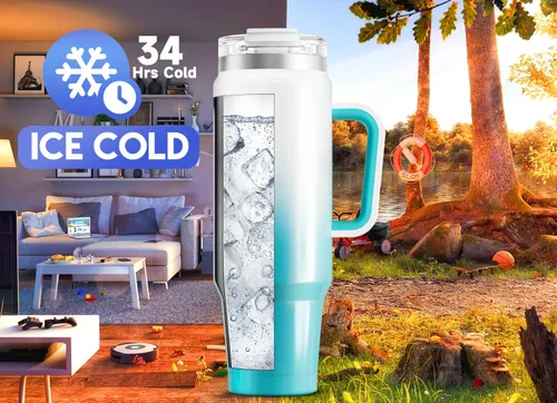 Vista 2 de Meoky Vaso de 40 onzas con asa y pajita, vaso aislado con tapa y popote, taza de viaje de acero inoxidable, mantiene el frío durante 34 horas, 100%