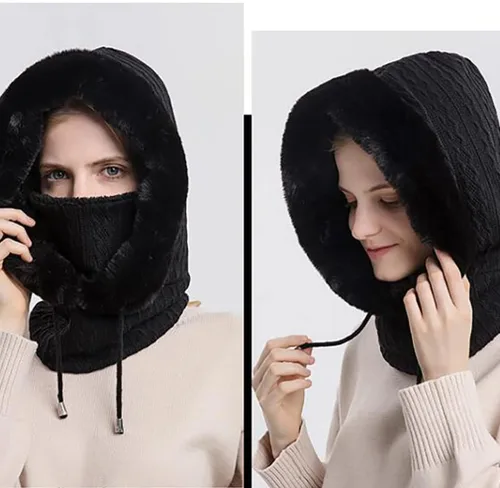 Vista 3 de Gorro de lana de una pieza para mujer, bufanda, pasamontañas, cálido, invierno, resistente al viento, con cordón