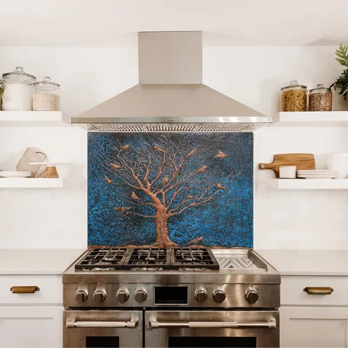 Vista 4 de Kitchen Backsplash, Birds on a Dead Tree Copper Backsplash, Custom Copper Backsplash Panel, Handmade Copper Backsplash Tile, Indoor Outdoor Wall Blue
