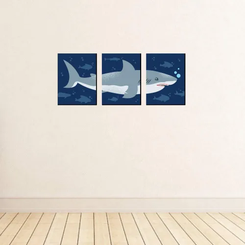 Vista 3 de Big Dot of Happiness Shark Zone - Arte de pared para guardería, decoración de habitación de niños y decoración del hogar de tiburón jawsome - Ideas