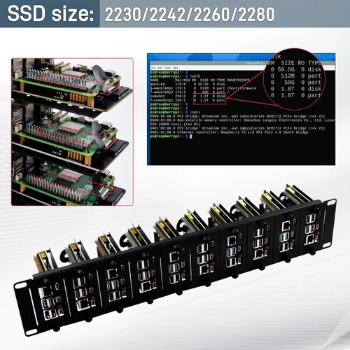 Vista 6 de GeeekPi Soporte de rack de 2U de 19 pulgadas para Raspberry Pi 5, con 10 adaptadores PCIe a M.2 NVMe SSD, compatible con rack de servidores de 19