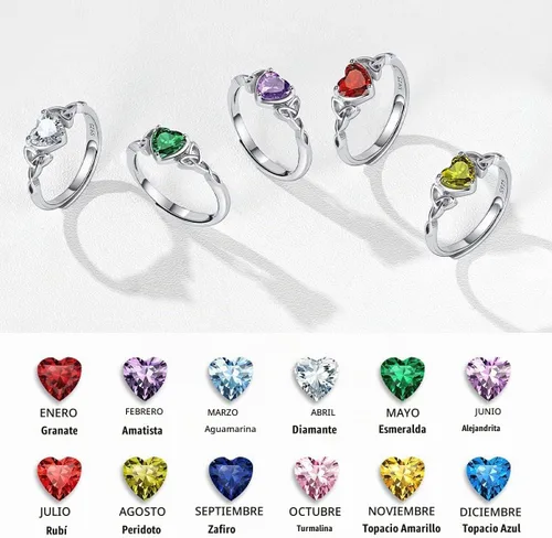 Vista 6 de ChicSilver Anillo de promesa de plata de ley 925 con nudo celta/corazón Claddagh en forma de corazón con piedra natal para mujer