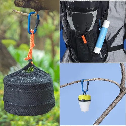 Vista 7 de Odoland Kit de utensilios de cocina para camping, olla ligera con 2 tazas, kit de cuchara de tenedor de acero inoxidable, gris para mochileros