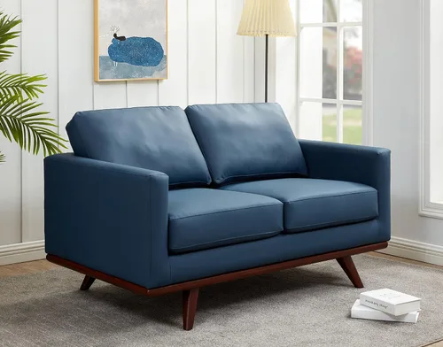 Vista 12 de LeisureMod Chester - Sofá de dos plazas de cuero y malla con base de madera de abedul para sala de estar, dormitorio u oficina (malla beige)