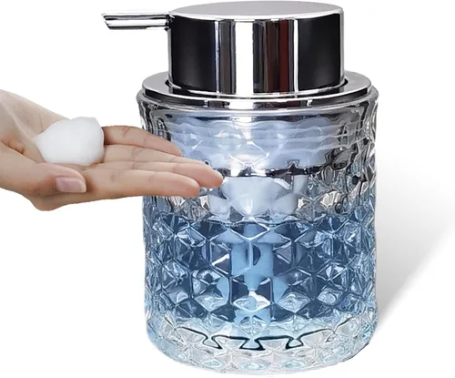 Vista 13 de Dispensadores de jabón espumoso de mano de vidrio con bomba plateada, dispensador de jabón de manos recargable para baño y cocina (1 paquete-D881)