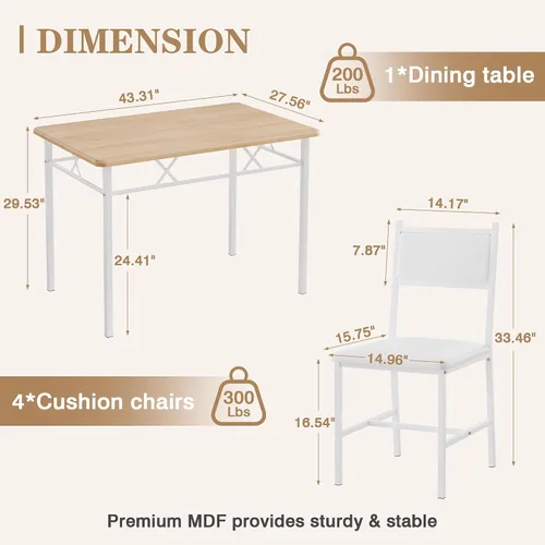 Vista 7 de VECELO Juego de mesa de comedor para 4 personas con sillas, mesa de cocina de 5 piezas y sillas acolchadas tapizadas para espacios pequeños, blanco