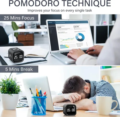 Vista 3 de Temporizador giratorio Pomodoro de 5, 25, 10 50 minutos preestablecido, temporizador de productividad de escritorio con sensor Gra vity, cubo
