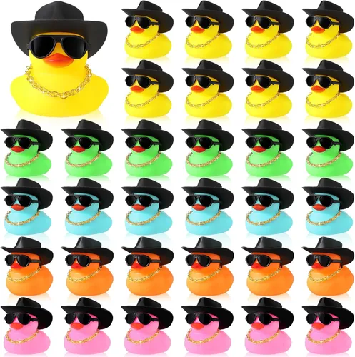 Vista 9 de Sotiff Juego de 48 juegos de patos chirriantes de goma para fiesta de automóvil, decoración de tablero con minicelle, sombrero y gafas de sol