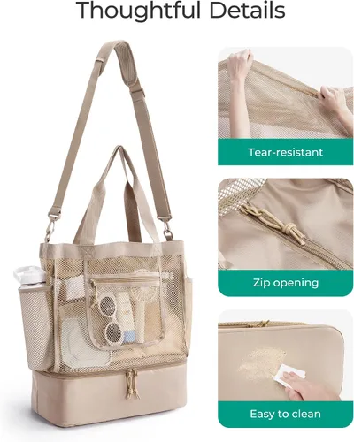 Vista 5 de BAGSMART Bolsa de playa para mujeres, bolsas de malla tipo tote con cremallera, esenciales de vacaciones a prueba de arena con enfriador