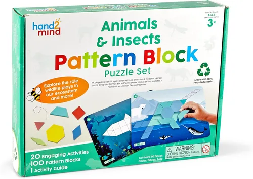 Vista 2 de hand2mind Juego de rompecabezas de bloques de patrones de animales e insectos, rompecabezas Tangram, formas geométricas para niños, tarjetas