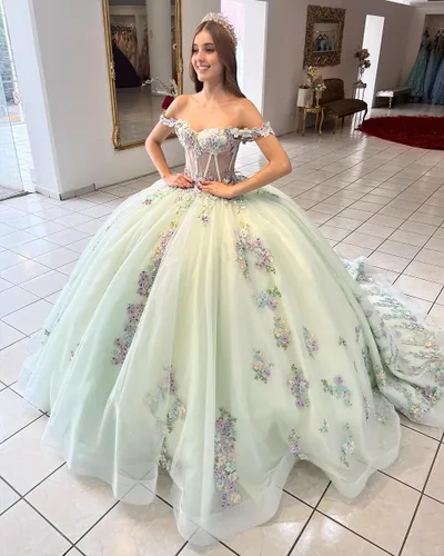 Vista 5 de Mouccy Vestido de quinceañera de encaje brillante perlado con cuentas dulces 16 vestido de baile de tul floral 3D fuera del hombro vestido de baile