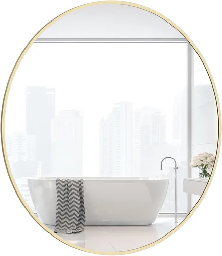 Vista 14 de WallBeyond Espejo redondo negro de madera de 24 pulgadas, espejo de pared circular para baño, espejo de pared redondo para decoración de pared