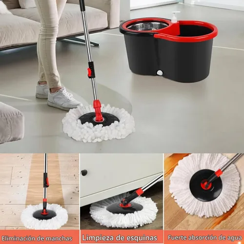 Vista 5 de Trapeador giratorio y cubo con juego de escurridor, sistema de cubo giratorio de 360° con 3 cabezales de repuesto de mopa de microfibra, mango