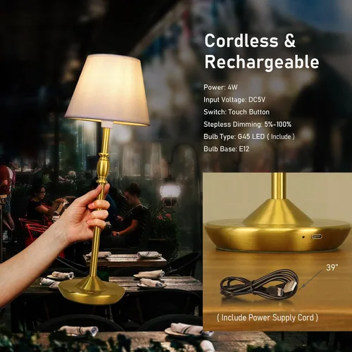 Vista 5 de Cordless Table Lamp Portable Small LED Touch Lamp with Dimmer, 18" 2700K Rechargeable Battery Light for Bedside, Dining Room, Bedroom Lamp, Patio