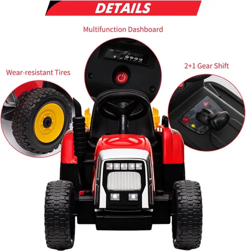 Vista 5 de Tractor eléctrico Nasitip de 12 V con remolque y control remoto Rojo