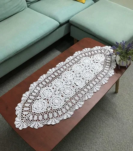 Vista 6 de Hetao Mantel oblongo, 16 x 27 pulgadas, 100% algodón, hecho a mano, color beige