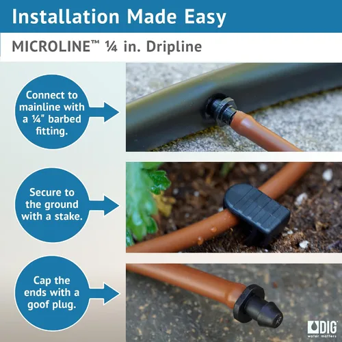 Vista 4 de DIG ML-112B ¼" 100' MICROLINE™ Dripline, 12" doble salida emisor espaciado, tubo resistente a los rayos UV para riego eficiente Ideal para camas