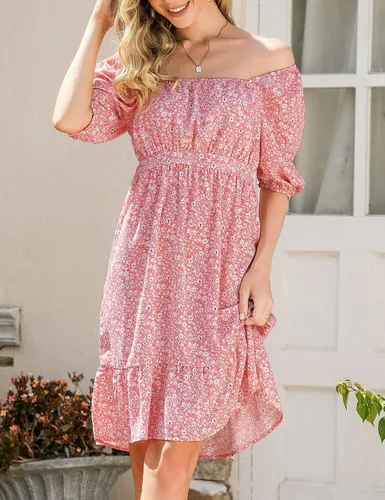 Vista 5 de KOJOOIN Vestido de maternidad de verano para mujer, lazo en la espalda, cuello cuadrado, manga abombada, hombros descubiertos, vestido de baby shower
