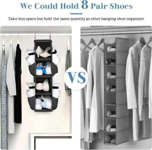 Vista 3 de SLEEPING LAMB Organizador corto de zapatos colgante para almacenamiento en armario con bolsillos laterales de malla con capacidad para 8 pares, Negro