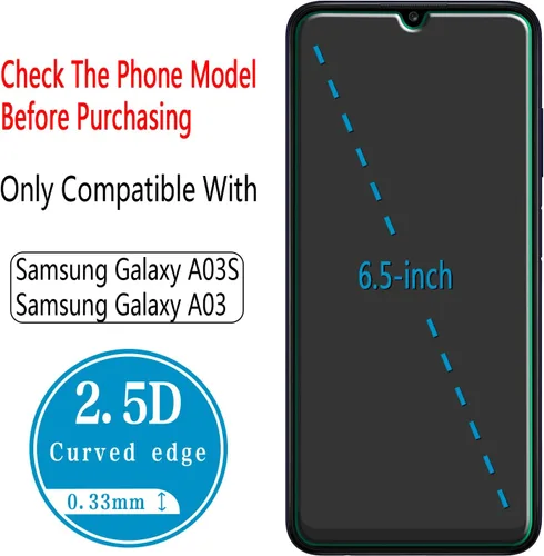 Vista 3 de [Paquete de 2] Protector de pantalla diseñado para Samsung Galaxy A03s / Galaxy A03 vidrio templado, antiarañazos, sin burbujas, compatible