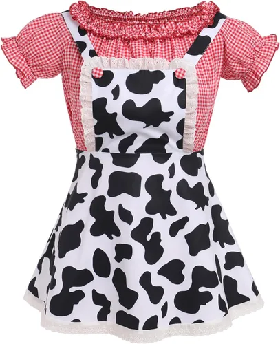 Vista 2 de IMEKIS Disfraz de vaquera occidental para mujer, disfraz de Halloween de vaca + vestido con estampado de vaca + diadema + corbatín para cosplay