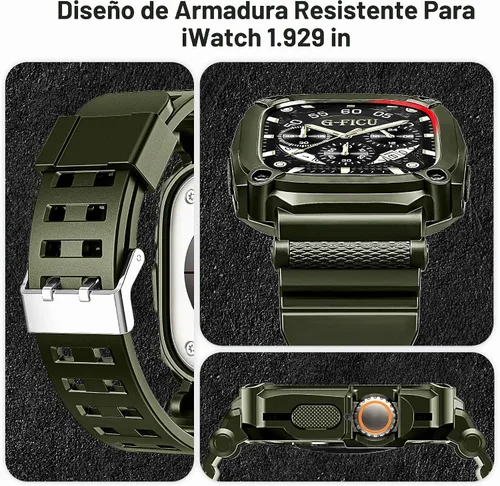 Vista 2 de Correa protectora resistente y funda para Apple Watch Ultra 2 / Ultra Band de 1.929 in, hebilla de doble lengüeta de metal, negro, a prueba