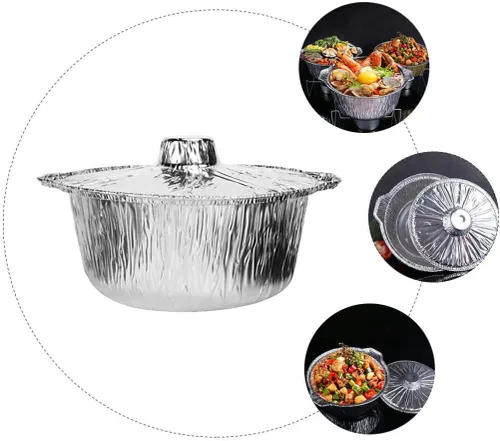 Vista 4 de Yardwe Sartenes redondos de papel de aluminio con tapas, 5 latas de aluminio desechables, contenedor de alimentos, moldes de papel de aluminio