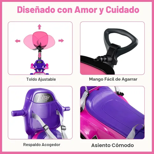 Vista 4 de Costzon Coche de empuje para niños pequeños, cochecito 3 en 1, auto deslizante para caminar con asa, toldo, cinturón de seguridad, bocina, música