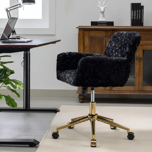 Vista 5 de HomVent Bonita silla de oficina peluda, moderna silla de piel sintética negra con ruedas y base dorada, silla giratoria ergonómica ajustable