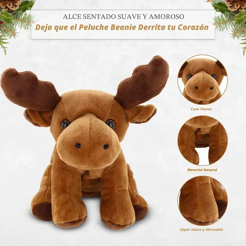 Vista 4 de Plushland Beanie Moose Sitting - Juguetes de peluche de 7 pulgadas, súper suave, para vacaciones de invierno (gorro de alce gorro)