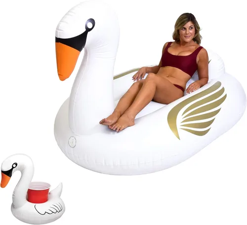 Vista 9 de GoFloats Flotadores inflables gigantes para piscina, elige unicornio, dragón, flamenco, cisne o toro, incluye flotador de bebida