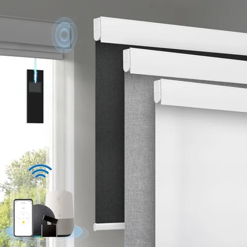 Vista 5 de Persianas inteligentes motorizadas con control remoto, persianas enrollables de tela de pasto con cubierta de cenefa, persianas eléctricas opacas