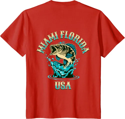 Vista 5 de Camiseta con diseño de pesca en la parte delantera y trasera de Miami Florida USA, Negro