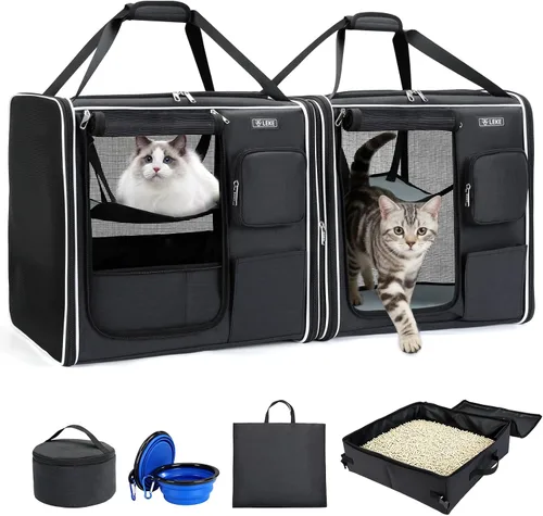 Vista 11 de Lekereise Transportador grande para gatos de lado suave, 28 x 13 x 13 pulgadas, transportador de viaje grande para 2 gatos con cierres de cremallera