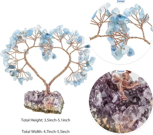 Vista 2 de mookaitedecor Árbol de cristal de corazón de aguamarina con base de amatista natural, árbol de dinero de la suerte para adorno de boda, Feng Shui